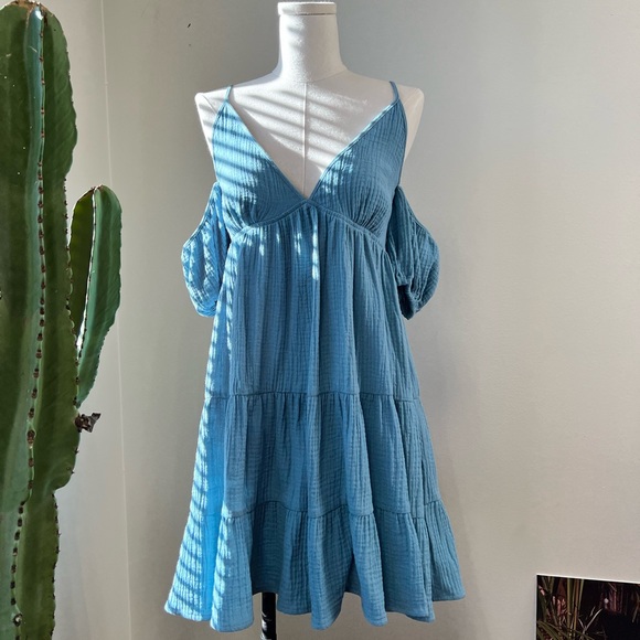 Cotton Gauze Mini Babydoll Blue Dress - Off the Shoulder Puff Sleeve - Picture 1 of 3
